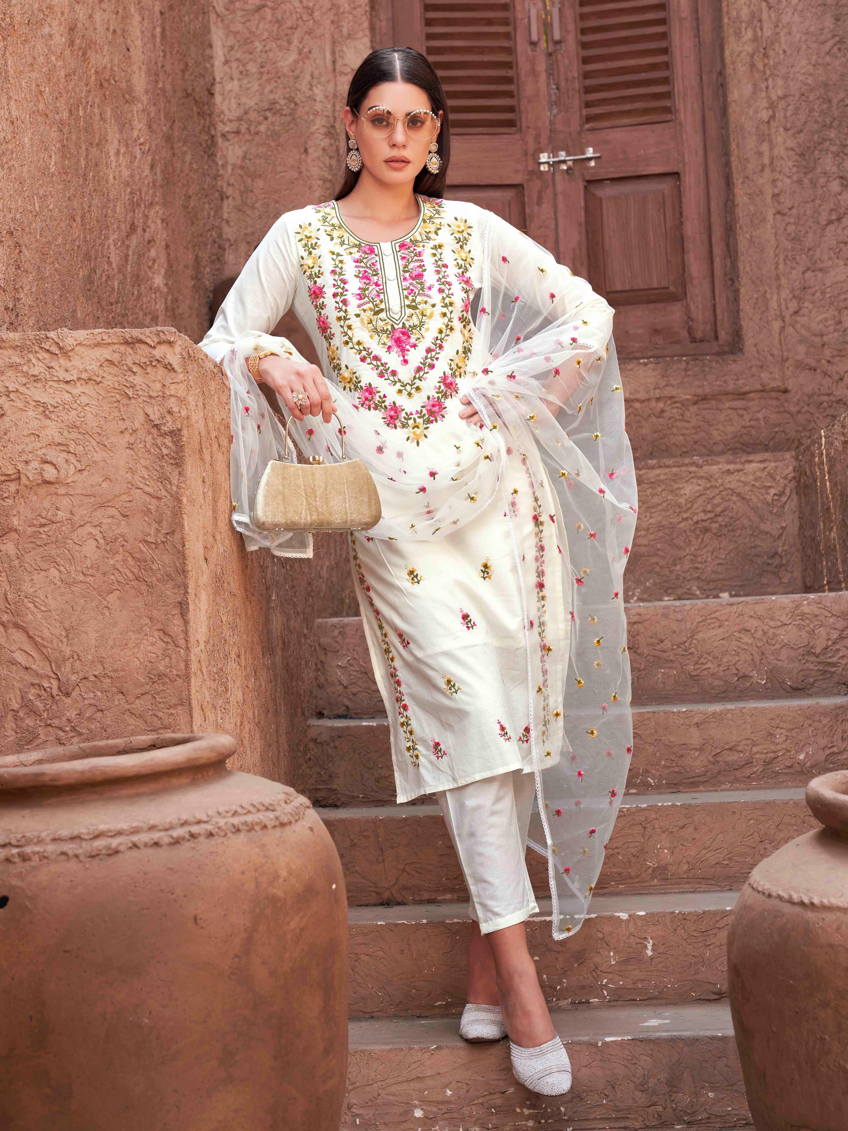 White Cotton With Multi Thread Embroidered Kurta Set